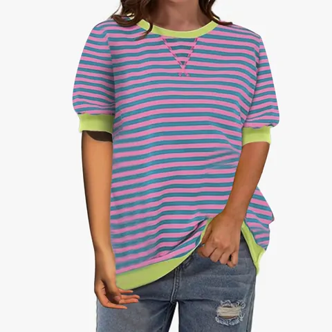 Dames Casual Gestreept T-Shirt Kleurblok Ronde Hals Korte Mouw Top Retro Comfortabel Polyester Gebreid Tee Shirt voor Thuis