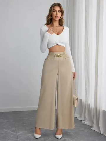 Women's High Waisted Wide Leg Pants Elegant Commute Solid Color Polyester Spandex Smocked Waist Gold Chain Decor Casual Bottom