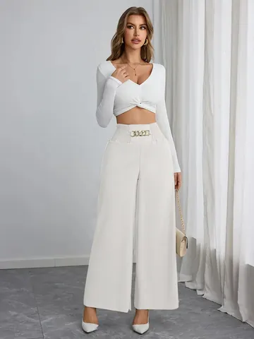 Women's High Waisted Wide Leg Pants Elegant Commute Solid Color Polyester Spandex Smocked Waist Gold Chain Decor Casual Bottom