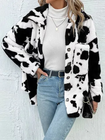 Women Cow Print Plush Jacket Lapel Single Breasted Polyester Faux Fur Fleece Coat Loose Warm Streetwear Outerwear Winter Top
