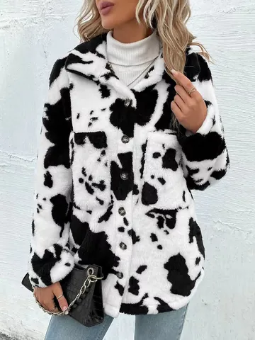 Women Cow Print Plush Jacket Lapel Single Breasted Polyester Faux Fur Fleece Coat Loose Warm Streetwear Outerwear Winter Top