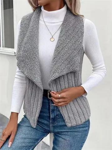 Women's Fashion Casual Faux Lamb Wool Vest Sleeveless Lapel Patchwork Waistcoat Autumn Winter Spandex Outerwear Top