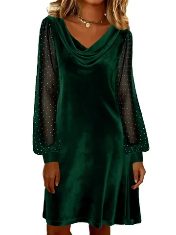 Women's V-Neck Velvet Patchwork Midi Dress Elegant Polka Dot Mesh Puff Sleeve Pullover A-Line Dress For Casual Banquet Party