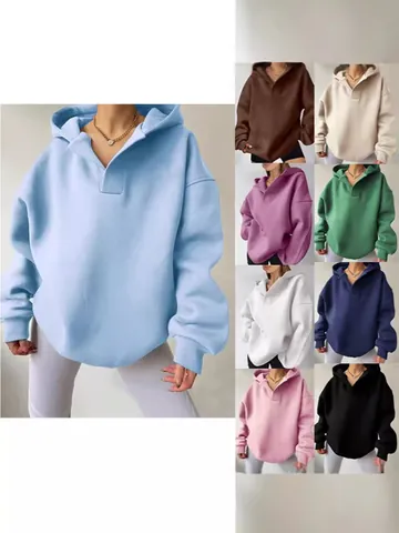 Women's Casual Loose Oversized V-neck Hoodie Long Sleeve Spandex Cotton Blend Pullover Sweatshirt Top For Autumn Winter