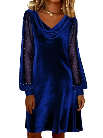 Women's V-Neck Velvet Patchwork Midi Dress Elegant Polka Dot Mesh Puff Sleeve Pullover A-Line Dress For Casual Banquet Party