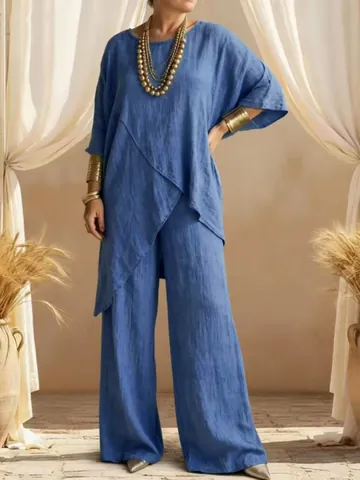 Women's Elegant Two Piece Set Solid Color Round Neck Irregular Hem Top And Wide Leg Pants Casual Loose Polyester Outfit