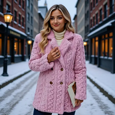Women Wool Blend Mid-Length Plush Overcoat Lapel Double Breasted Casual Winter Warm Coat With Cable Knit Texture