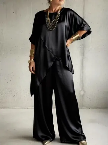 Women Elegant Satin Two-Piece Set Casual Loose Crew Neck Top And Wide Leg Pants Irregular Hem Summer Fashion Outfit Suits