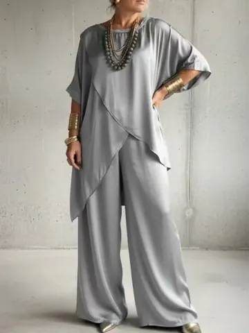 Women Elegant Satin Two-Piece Set Casual Loose Crew Neck Top And Wide Leg Pants Irregular Hem Summer Fashion Outfit Suits