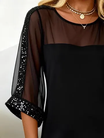 Women Sexy Mesh Patchwork Sequin Slim Dress Knitted Spandex Round Neck Cold Shoulder Party Evening Mini Dress
