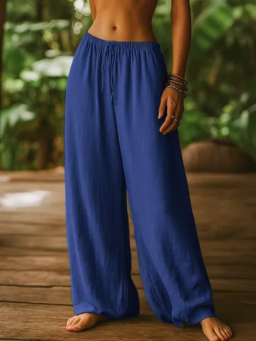 Women Casual Cotton Wide Leg Pants Elastic Waist Drawstring Straight Trousers With Pockets Solid Color Loose Fit Bottoms