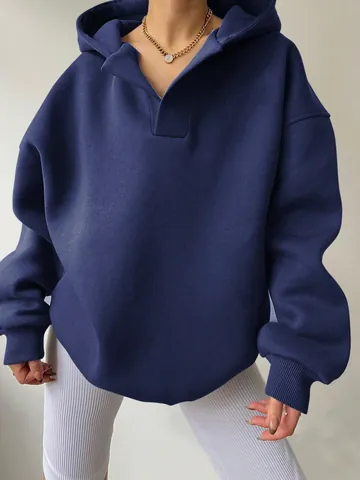 Women Casual Polyester Oversized Hoodie Solid Color Long Sleeve Pullover Top Streetwear Sweatshirt For Autumn Winter