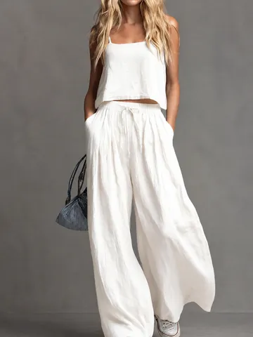 Γυναικείο Casual Καλοκαιρινό Top And Bottom Αμάνικο Γιλέκο και Παντελόνα με Φαρδύ Μπατζάκι από Πολυεστέρα Σπάντεξ Υφαντή Υφή