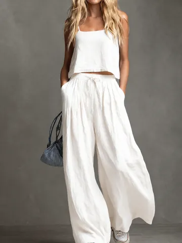 Women Casual Summer Top And Bottom Sleeveless Vest And Wide Leg Pants Polyester Spandex Woven Texture Loose Beachwear Outfit