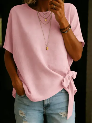 Women Summer Casual Short Sleeve Side Knot T-Shirt Loose Fit Round Neck Solid Color Polyester Fashion Top Tee
