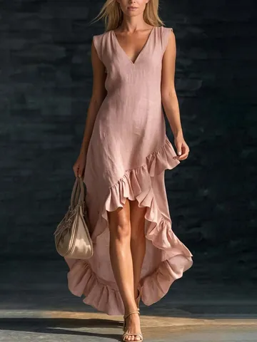 Women's Elegant Cotton Blend V Neck Sleeveless Ruffle Hem Irregular Maxi Dress Summer Casual Beach Long Sundress