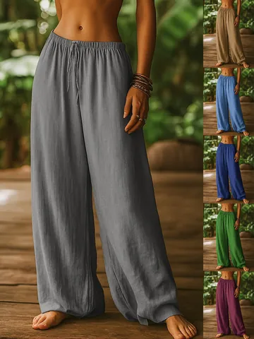 Women Casual Cotton Wide Leg Pants Elastic Waist Drawstring Straight Trousers With Pockets Solid Color Loose Fit Bottoms