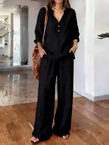 Women Casual Long Sleeve V Neck Solid Color Loose Two Piece Set Polyester Woven Pockets Buttons Top And Bottom Suit