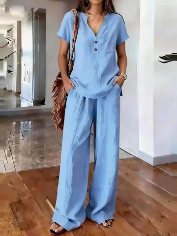 Γυναικείο Casual Τοπ με Κουμπιά και Λαιμόκοψη V και Φαρδύ Παντελόνι Πάνω και Κάτω Μονόχρωμο Σύνολο