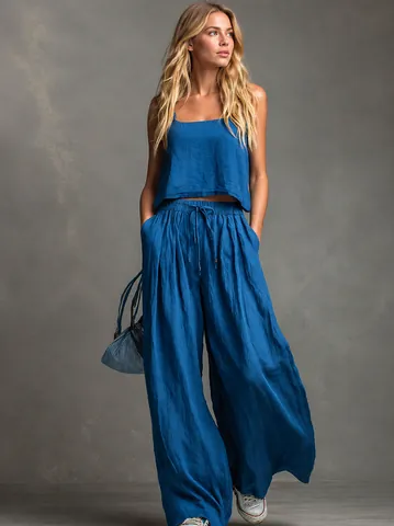 Women Casual Summer Top And Bottom Sleeveless Vest And Wide Leg Pants Polyester Spandex Woven Texture Loose Beachwear Outfit
