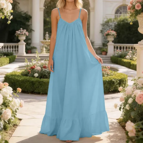 Women Sexy Backless Spaghetti Strap Maxi Dress Ruffle Hem Summer Casual Loose Solid Color Pleated Long Dress Streetwear