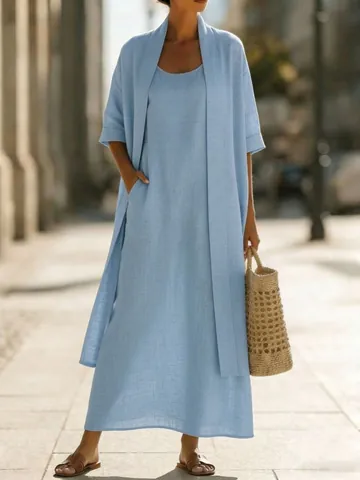 Women's Casual Cotton Linen Two Piece Dress Top And Bottom Outfit Loose Fit Solid Color Sleeveless Maxi Dress And Cardigan