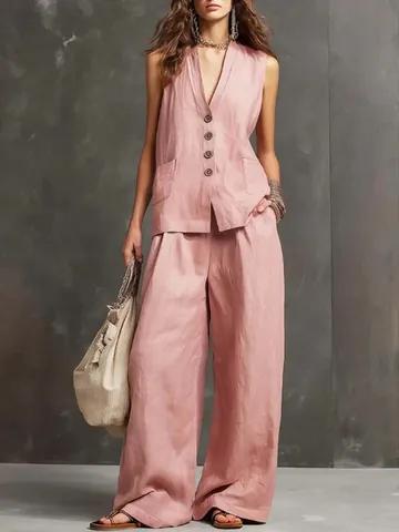 Women Casual Cotton Linen Two Piece Set Sleeveless V Neck Vest And Wide Leg Pants Solid Color Summer Top And Bottom Outfits