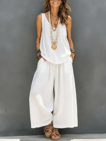 Women Casual Cotton Linen Sleeveless Top And Wide Leg Pants Top And Bottom Solid Color Minimalist Summer Bohemian Outfit