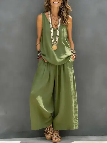 Women Casual Cotton Linen Sleeveless Top And Wide Leg Pants Top And Bottom Solid Color Minimalist Summer Bohemian Outfit