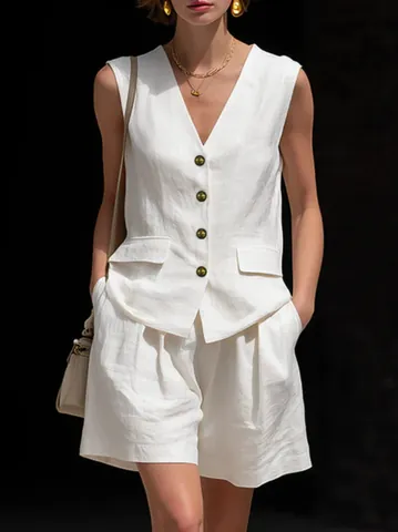 Dames Katoen Linnen Top En Bottom Mouwloos V Hals Knopen Vest En Wijde Shorts Elegant Casual Zomer Outfit