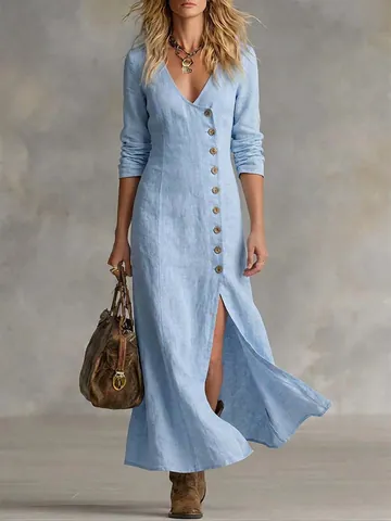 Women Cotton Linen V-Neck Maxi Dress Elegant Long Sleeve Button Front Split Casual Bohemian Style Long Dress
