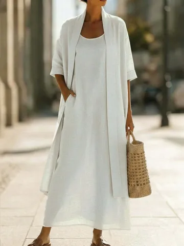 Women's Casual Cotton Linen Two Piece Dress Top And Bottom Outfit Loose Fit Solid Color Sleeveless Maxi Dress And Cardigan