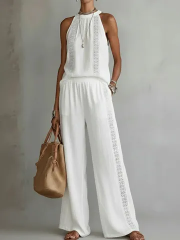 Women Vintage Halter Sleeveless Top And Wide Leg Pants Top And Bottom Hollow Out Lace Patchwork Casual Vacation Outfit