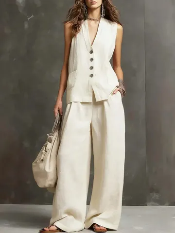 Women Casual Cotton Linen Two Piece Set Sleeveless V Neck Vest And Wide Leg Pants Solid Color Summer Top And Bottom Outfits