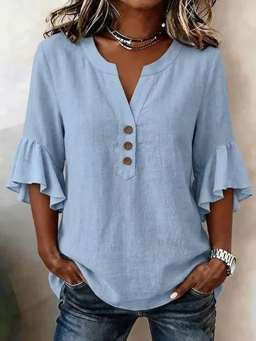 Women Casual Cotton Linen V Neck T-Shirt Plain Ruffle Three Quarter Sleeve Loose Top With Decorative Buttons Fashion Clothing