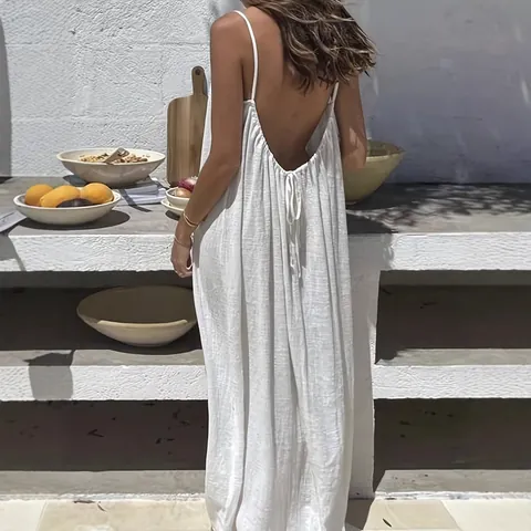 Women's Casual Backless Spaghetti Strap Maxi Dress Loose Solid Crinkle Texture Loungewear Summer Vacation Beach Sundress Long Dress