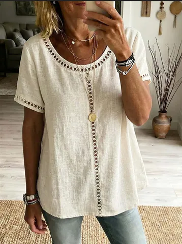 Women Casual Cotton Linen T-Shirt U-Neck Hollow Out Lace Short Sleeve Loose Top Bohemian Retro Summer Tee