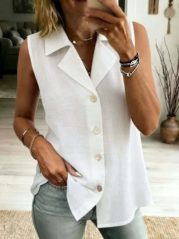 Women's Casual Cotton Blend Sleeveless Vest Fashion Loose V-Neck Solid Color Button Up Summer Top Waistcoat
