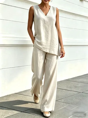 Women V-Neck Sleeveless Polyester Top And Bottom Casual Wide Leg Pants Two-Piece Lounge Outfit Elegant Linen Texture Solid Color Clothes For Summer