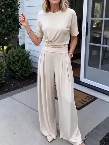 Women's Summer Casual Two Piece Set Viscose Spandex Short Sleeve Crew Neck T-Shirt And Wide Leg Pants Top And Bottom Set