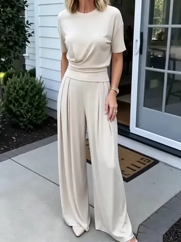 Women's Summer Casual Two Piece Set Viscose Spandex Short Sleeve Crew Neck T-Shirt And Wide Leg Pants Top And Bottom Set