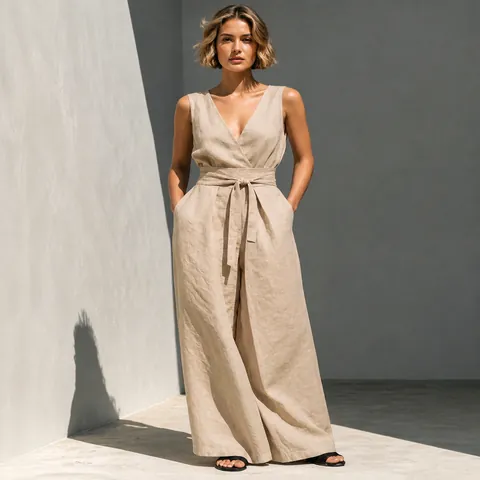 Women's Casual Sleeveless V-Neck Top And High Waist Wide Leg Pants Top And Bottom Cotton Blend Summer Outfit Elegance Commuter