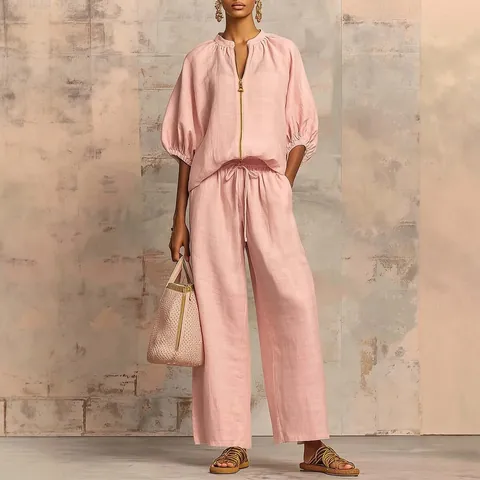 Women Casual Round Neck Zipper Top And Wide Leg Pants Set Polyester Spandex Woven Summer Loose Solid Color Outfit