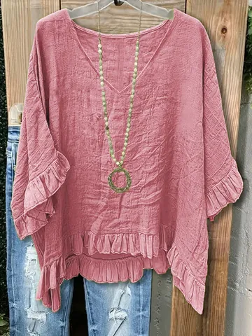 Camiseta Informal para Mujer con Cuello en V y Mangas con Volantes Top de Poliéster Liso Holgado Ropa de Moda de Verano