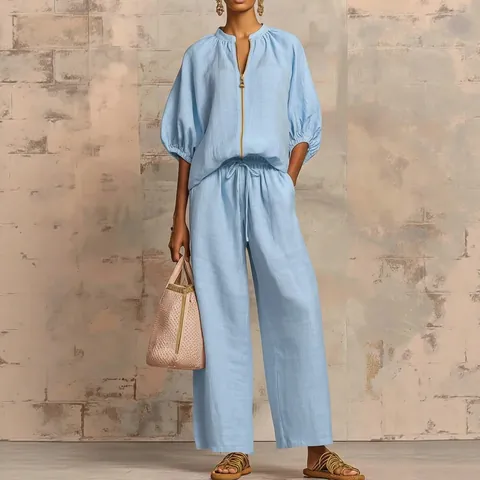 Women Casual Round Neck Zipper Top And Wide Leg Pants Set Polyester Spandex Woven Summer Loose Solid Color Outfit