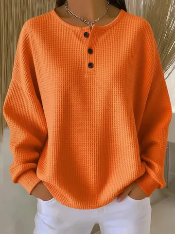 Women Waffle Knit Long Sleeve Henley Top Casual Solid Color Round Neck Loose Fit Pullover Sweatshirt Street Fashion Clothing
