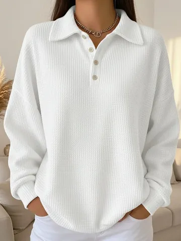Women's Casual Waffle Knit Long Sleeve Polo Shirt Lapel Button Front Loose Fit Solid Color Autumn Winter Polyester Top