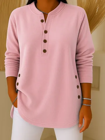 Women Long Sleeve V Neck Knitted Top Button Decor Solid Color Casual Spandex T-Shirt Slim Fit Elegant Henley Top