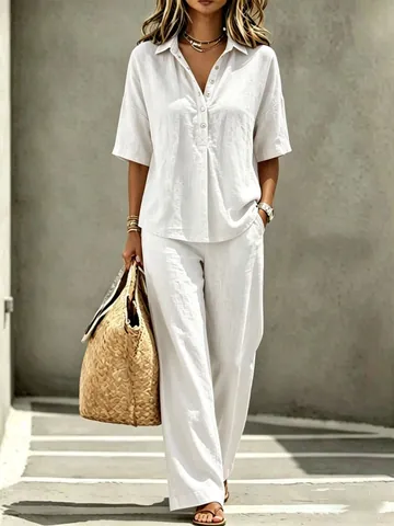 Women Casual Polyester Spandex Polo Collar Short Sleeve Top And Bottom Set Loose Wide Leg Pants Co-ords Elegant Commuting Outfit