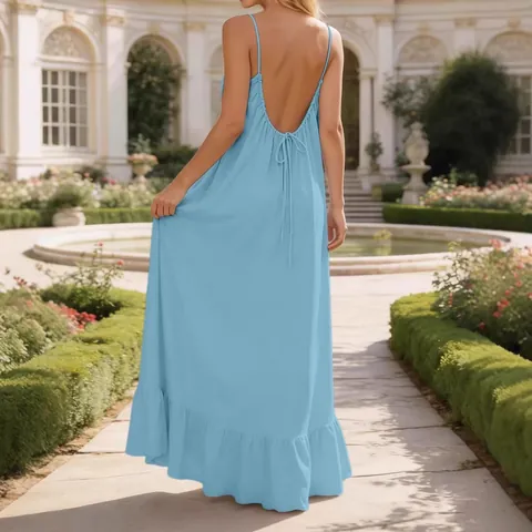 Women Sexy Backless Spaghetti Strap Maxi Dress Ruffle Hem Summer Casual Loose Solid Color Pleated Long Dress Streetwear